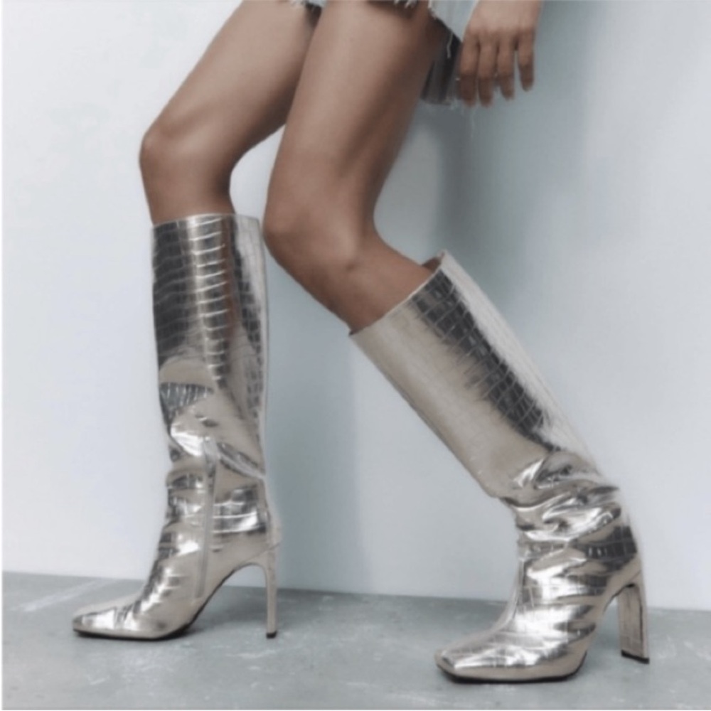 Zara •Womens Crocodile Metallic Silver Knee-High Women's Block Heel Boots 8 NWT - Picture 4 of 6